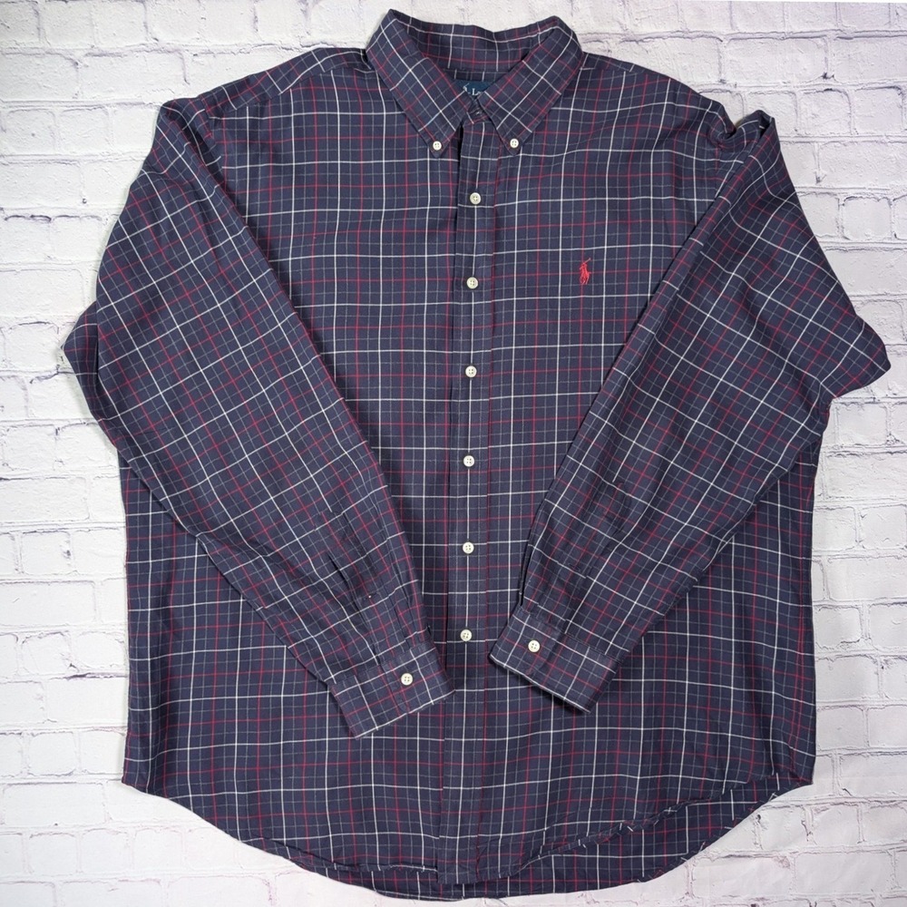 Ralph Lauren Button Down Shirt Mens XXL Cotton Navy Red Plaid Classic Fit Pony